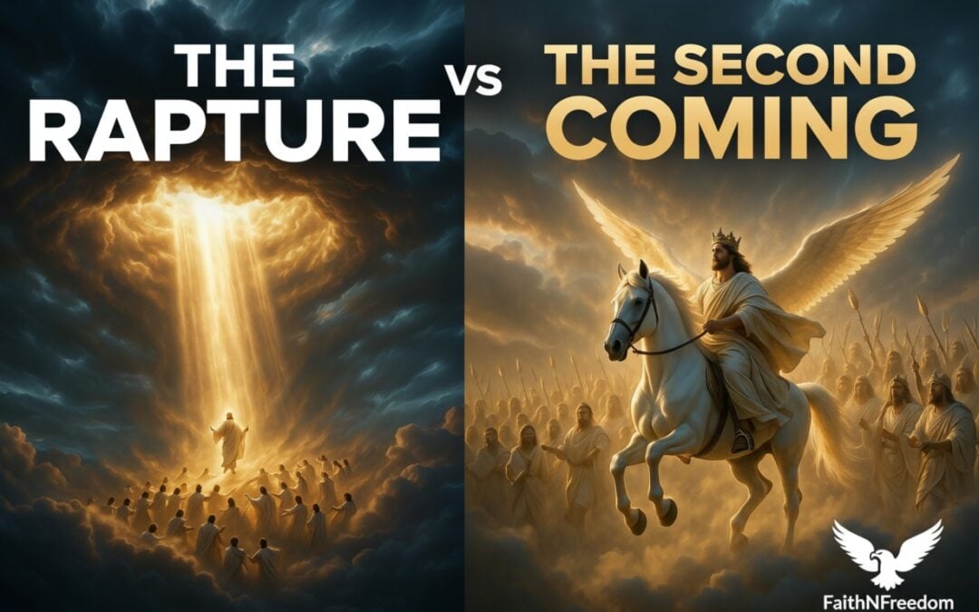 Dramatic banner illustrating the two distinct phases of Christ’s return — the upward Rapture rescue versus the conquering Second Coming with His saints.