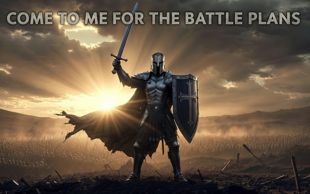Armored believer with sword and cross shield at sunrise - A Word from the Lord on courage and battle plans