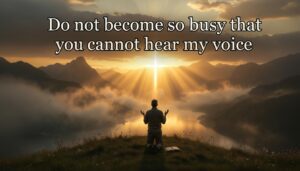 Man in prayer amidst mountains and sunlight, "Do not become so busy that you cannot hear my voice"