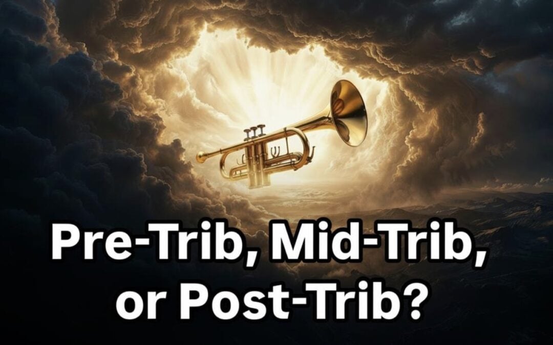 Golden trumpet emerging from dramatic stormy clouds with heavenly light — Pre-Trib Mid-Trib or Post-Trib Rapture timing Bible study Day 3