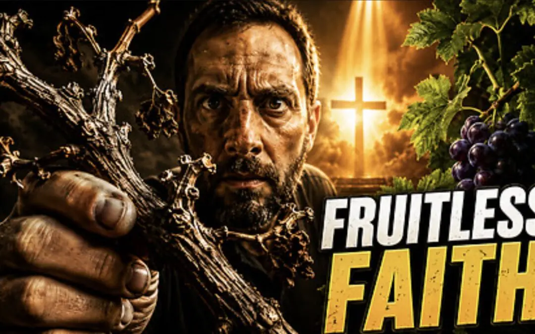Faith without works is dead — a man holds a barren vine branch beside living grapevines heavy with fruit, cross in background