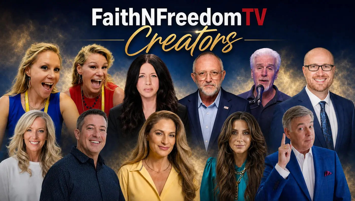 FaithNFreedomTV Creators: a collage of the network's hosts and teachers beneath the FaithNFreedomTV logo, set against a dark blue and gold background
