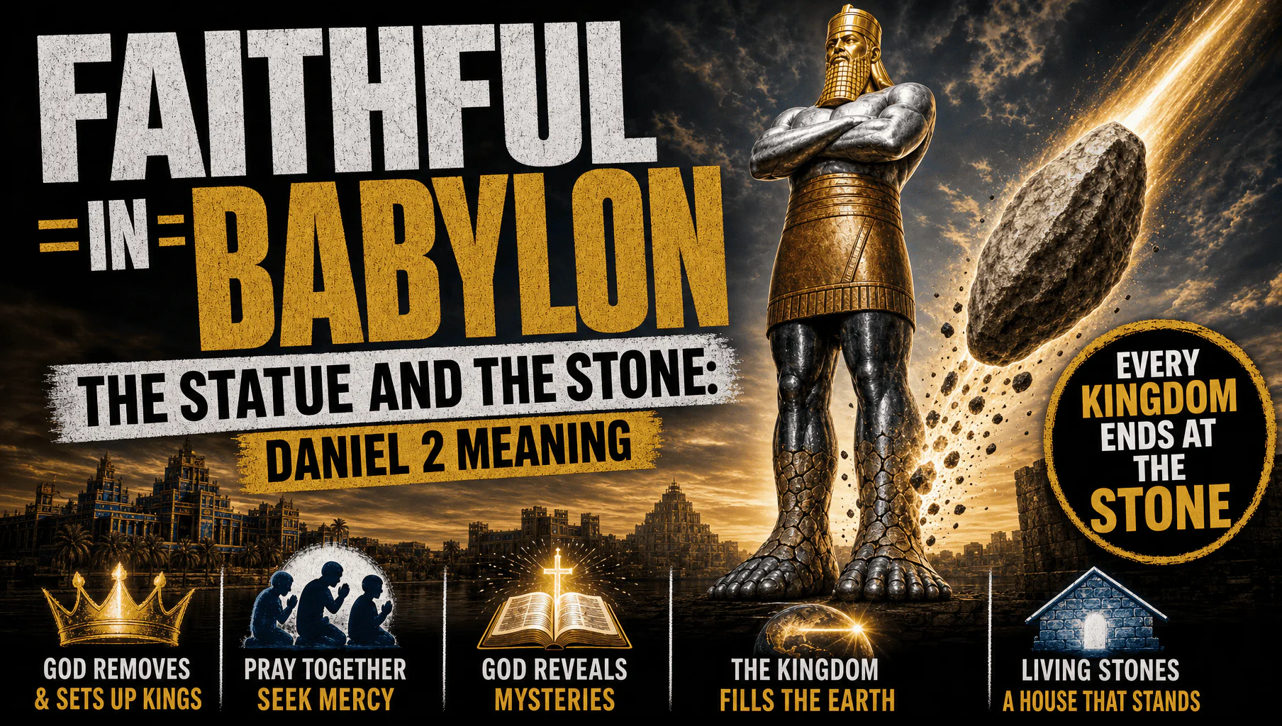 Daniel 2 meaning: Nebuchadnezzar's statue of gold, silver, bronze, iron and clay struck by the stone cut without hands, from the Faithful in Babylon series