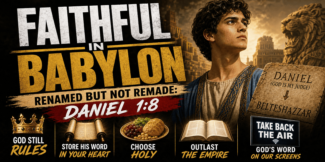 Daniel, renamed Belteshazzar, stands resolved before ancient Babylon, with the words Faithful in Babylon, Daniel 1:8.