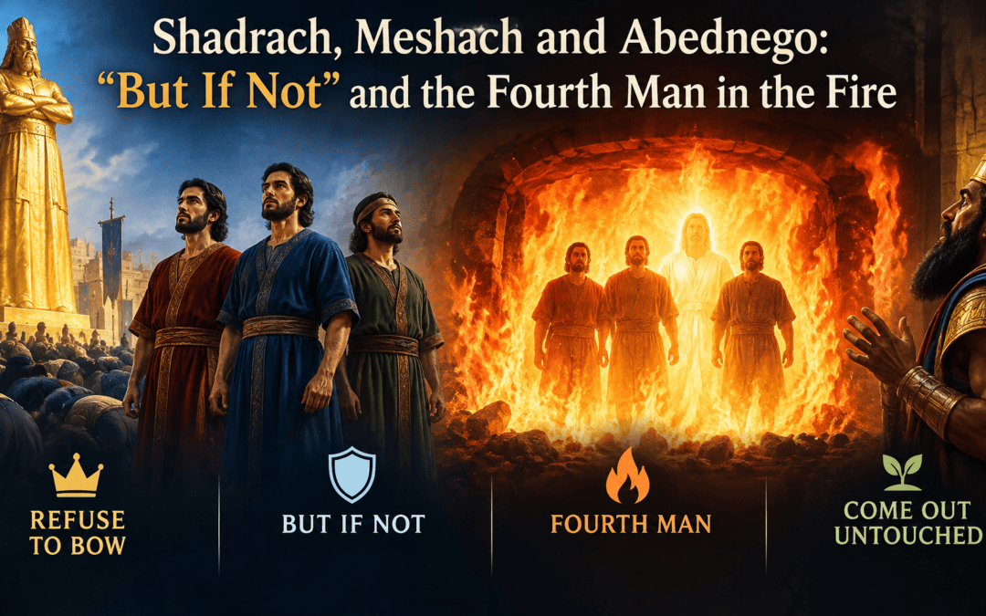 Shadrach, Meshach and Abednego stand before Nebuchadnezzar's golden image, then walk unbound in the fiery furnace with a glowing fourth man