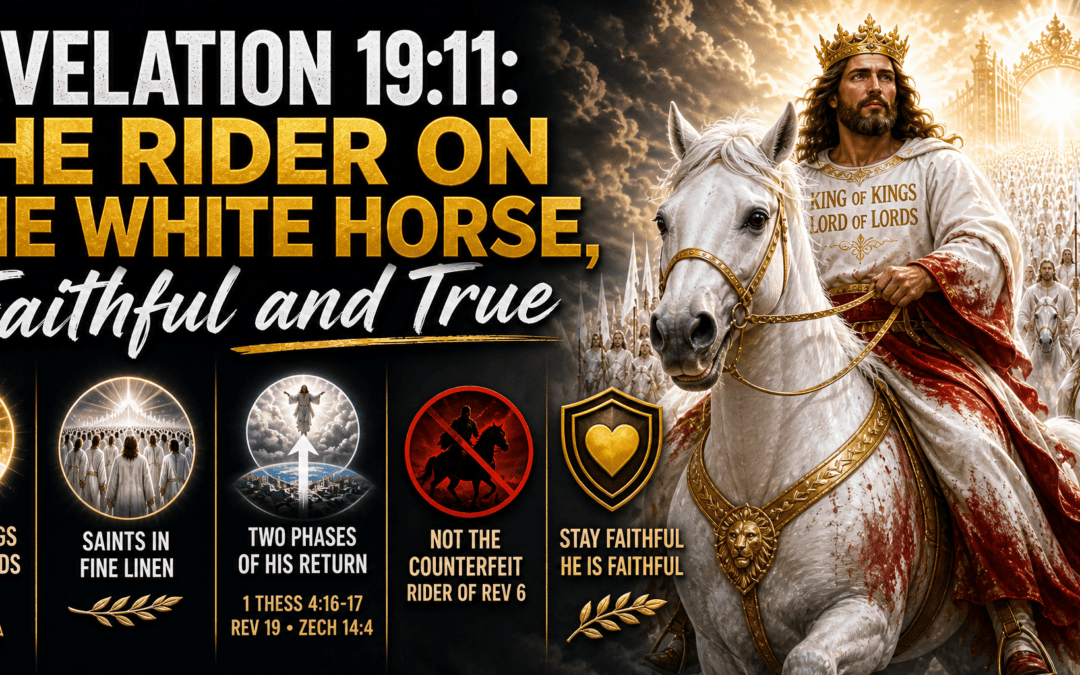 Infographic: Revelation 19:11, the rider on the white horse, Faithful and True, with the saints in fine linen, the two phases of Christ’s return, and living ready.