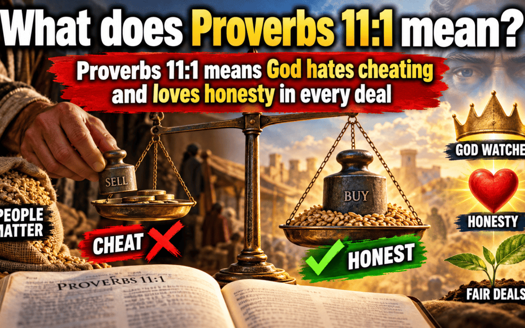 A merchant's balance scale with a small "sell" weight and a large "buy" weight beside an open Bible at Proverbs 11:1, asking what Proverbs 11:1 means.